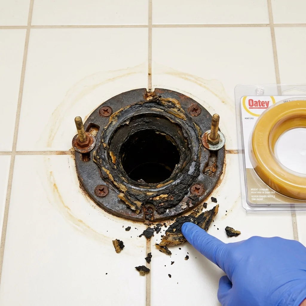 Failed wax ring showing water seepage at the base of a toilet in a Hanover, IN home