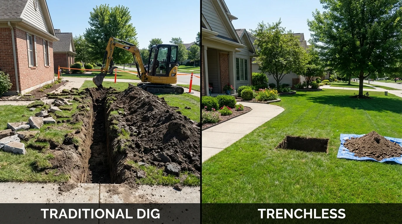 Trenchless sewer repair with minimal yard damage versus traditional excavation in Hanover, IN