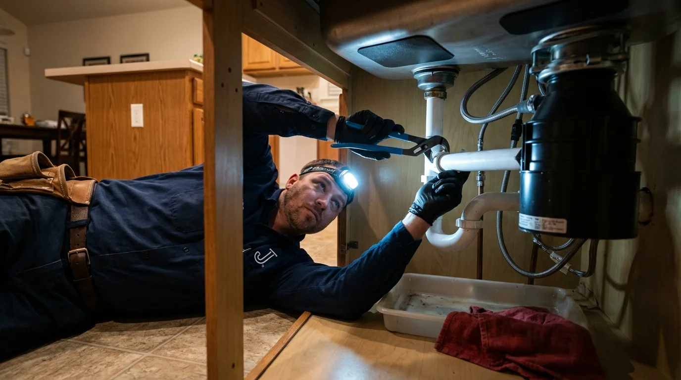 P-trap and supply line connections under a kitchen sink showing a common leak point in Hanover, IN